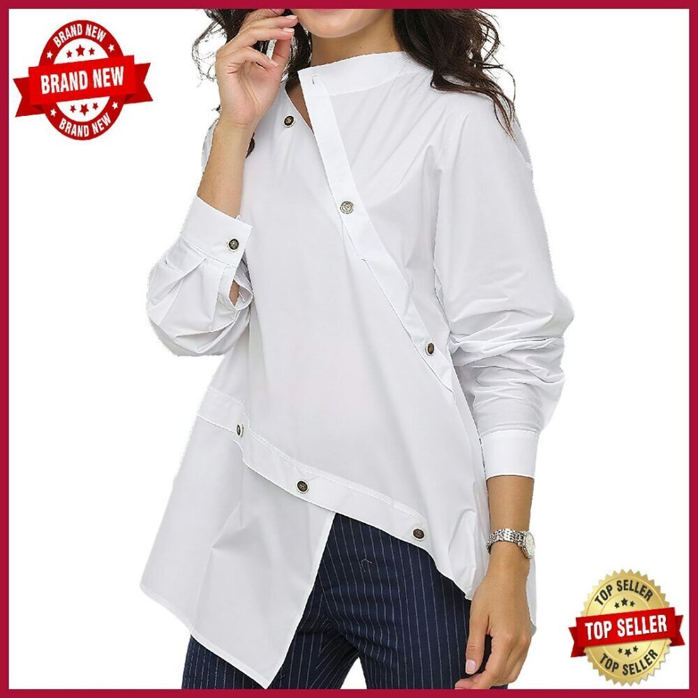 Asymmetric Hem Button-Down Blouse Long Sleeve Cotton Work Casual